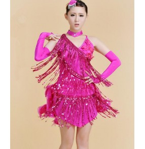 Turquoise blue red fuchsia hot pink sequins fringes backless v neck fashion sexy girls children women stage performance competition latin salsa samba ballroom dance dresses outfits
